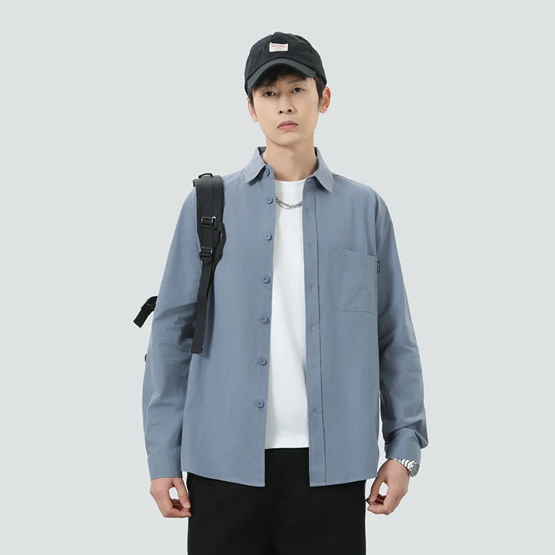 Pop New Men's Shirt Loose Fit 100% Cotton Long-Sleeve Shirt Men's Solid Color Casual Collared Shirt Top Outerwear Premium Qualit
