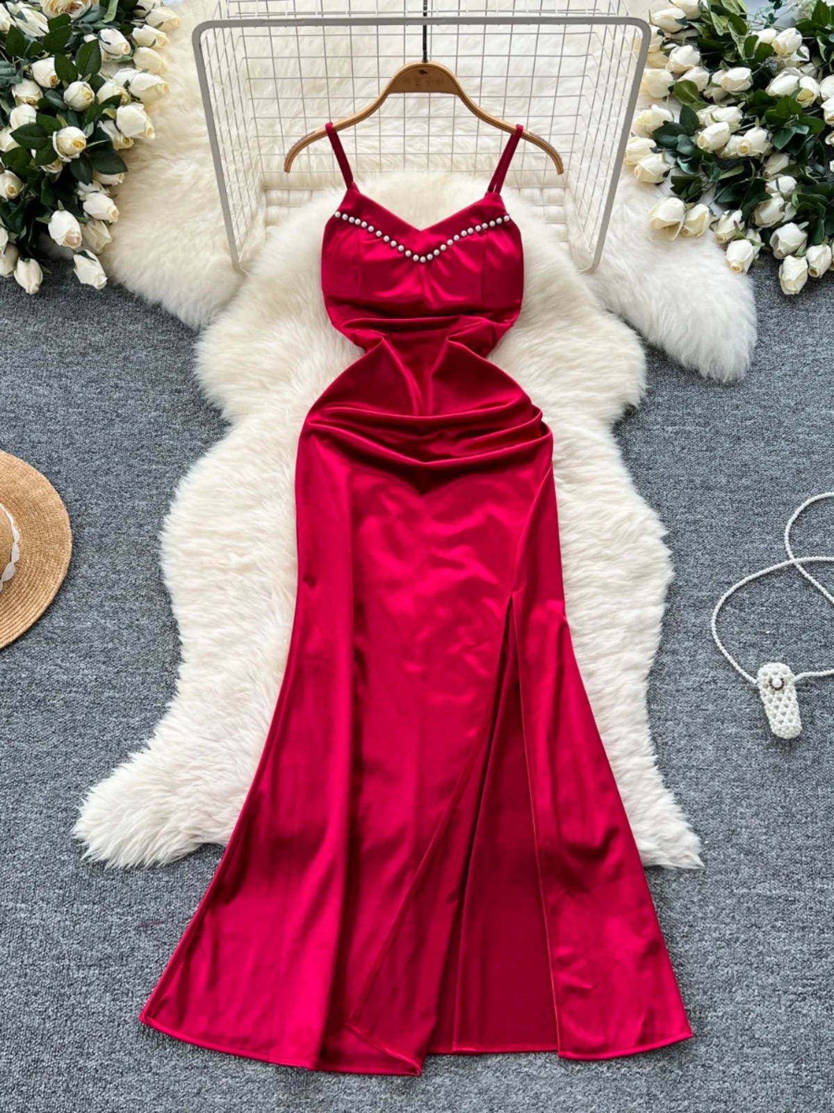 Vestido largo con tirantes para mujer, vestido Sexy de verano con estampado de leopardo de satén dividido, ajustado, cola de pez, para fiesta y Club