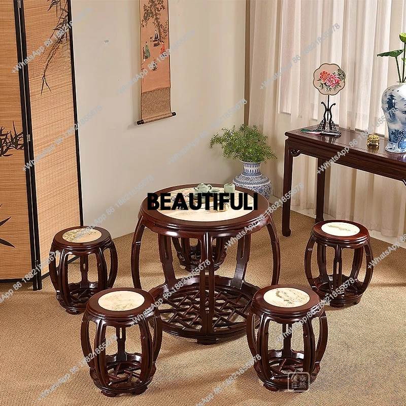 antique dining drum table drum stool sour branch wood round dining table Chinese marble round table combination