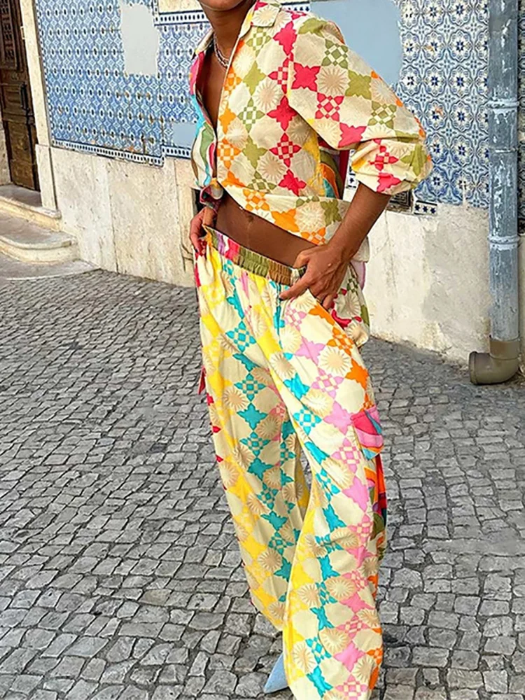

Vintage Pattern Print Women's Two Piece Set Autumn Long Sleeve Lapel Shirt & Elastic Waist Pant Outfit Spring Button Casual Suit