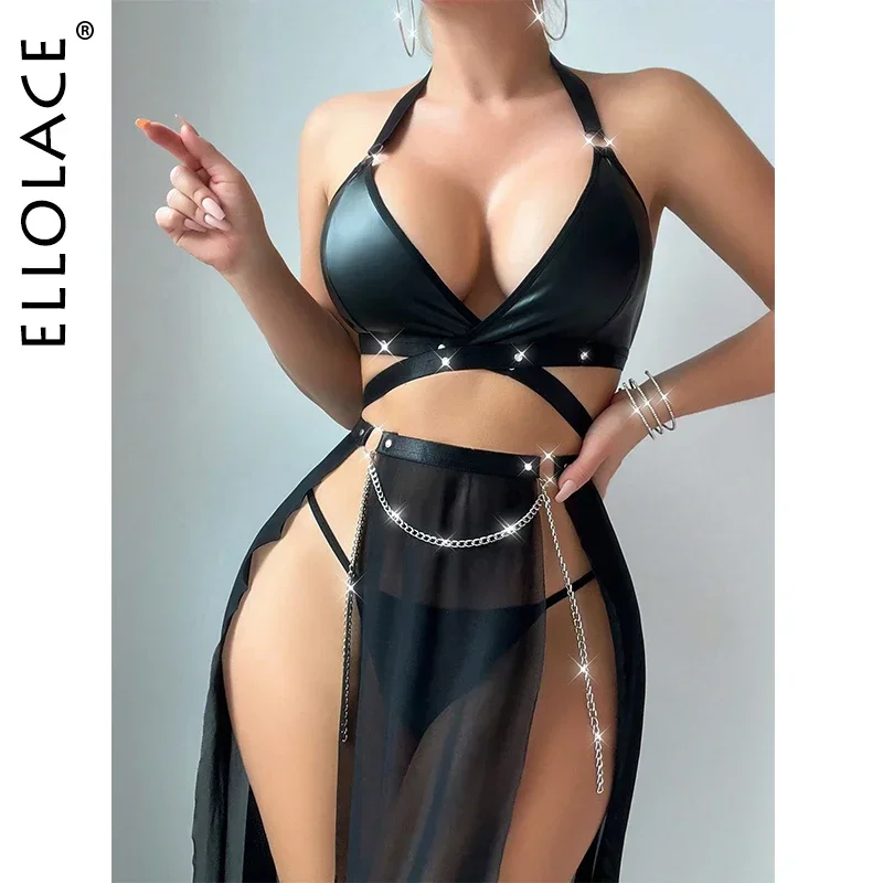 

Ellolace Lingerie Sexy Luxury 3pcs Set With PU Necklace Halter Bra Rivets And Chain Decor Seductive High Slit See-Through Skirt