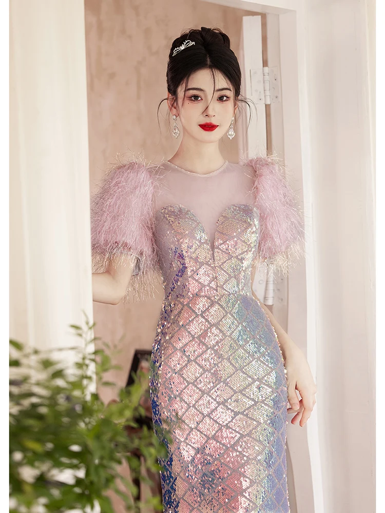 

Pink Evening Gown Luxury Heavy Embelliment Sequin ine Adult High-End Sensation Host Dinner Par Faionable U-Ne Lo...