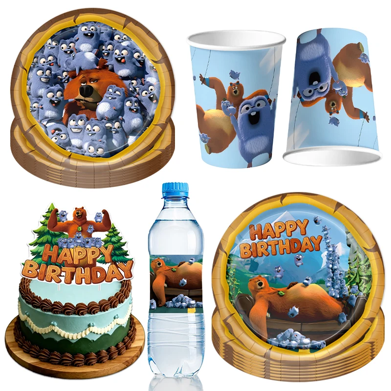 Kit de platos y vasos de feliz cumpleaños de Grizzly y los lemmings, adorno para cupcakes, etiqueta para botella, vajilla desechable para fiesta infantil, Baby Shower