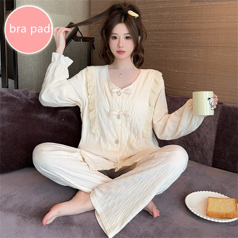 3XL 4XL 5XL Large Size Elegant Women\'s Pajamas Set Long Sleeve Trousers Sets Spring Autumn Chest Padded Sleepwear Pyjama Femme