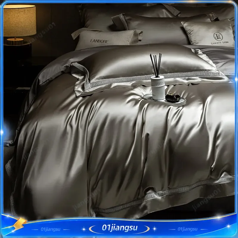 Luxury Lyocell Cotton Satin Bedding Set 4 Piece Hollow Quilt Cover Ultra Fine Denier Heavy Silk Feel Light Luxury Duvet Cover