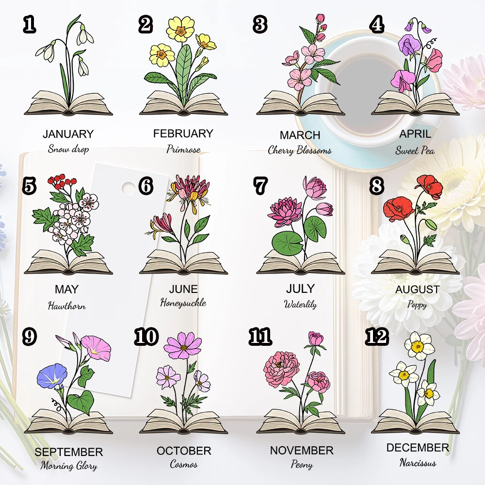 1 قطعة إشارة مرجعية اسم مع زهرة الشهر ، إشارة مرجعية مخصصة من الجلد لشهر زهرة الشهر ، إشارة مرجعية مغناطيسية شخصية ، هدية عيد ميلاد لمحبي الكتب