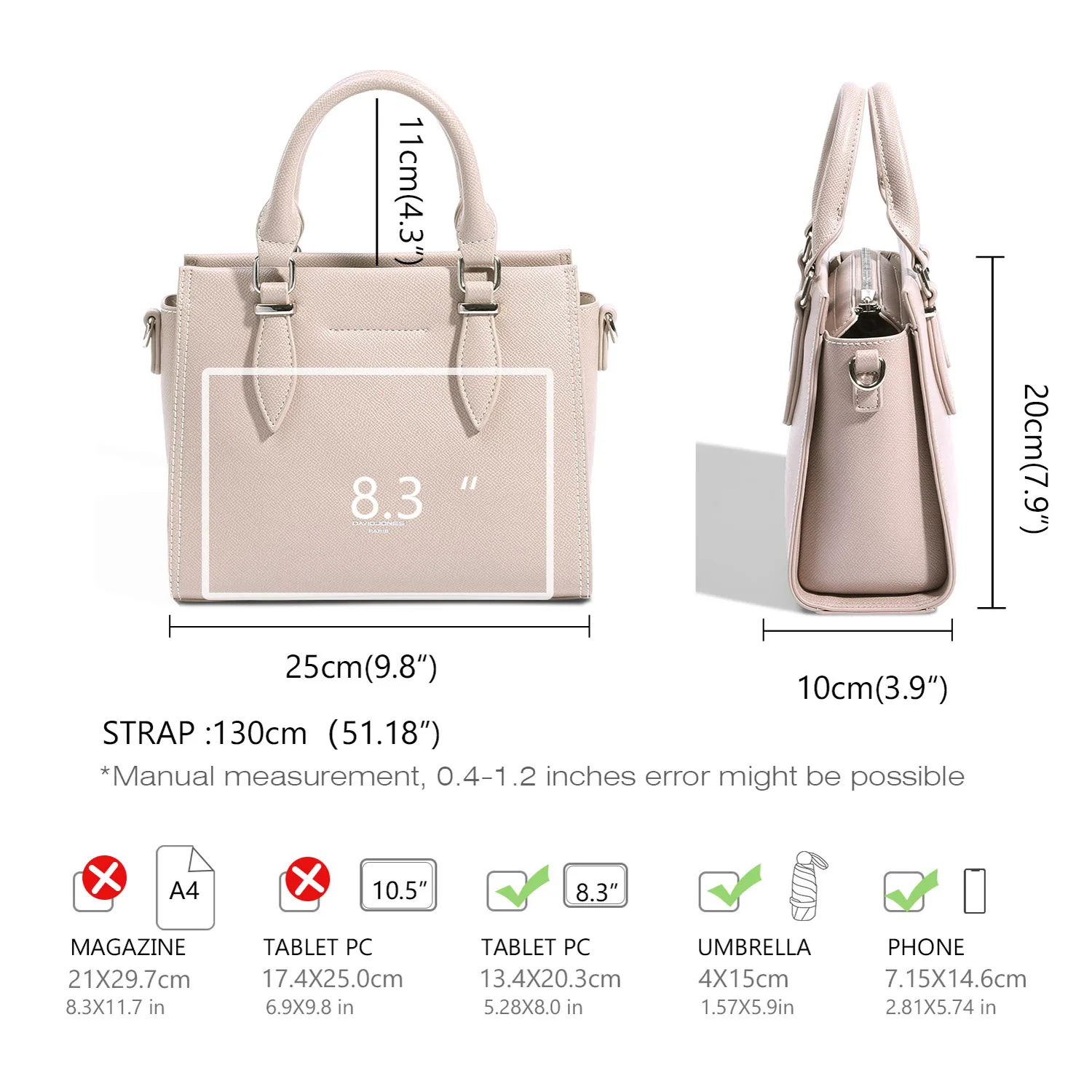 2024 New David Jones Paris Women Top-Handle Mini Bags PU Leather Female Crossbody Bag Large Plain Lady Shoulder Bag