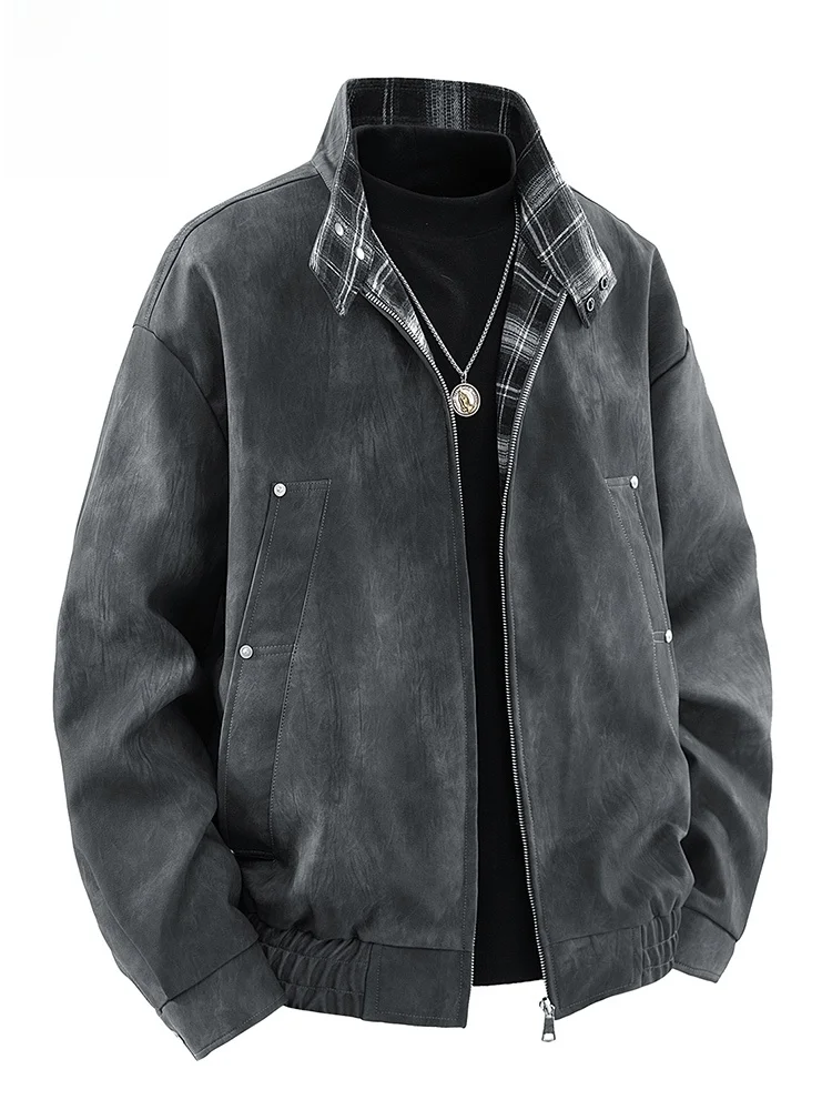 

Loose Fit PU Leather Jaet Casual Sle Men's Workwear Coat Simple Design Autumn Winter Faion Outerwear by Rn