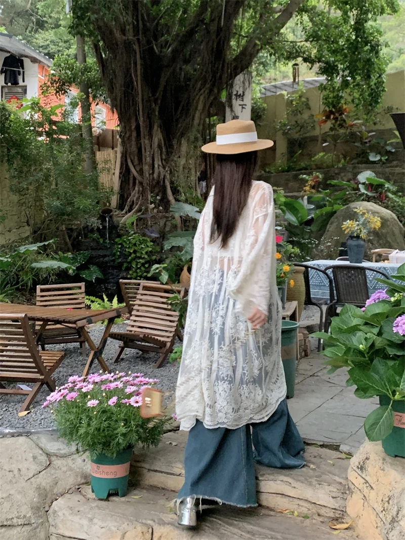 LACE-Up Beige ลูกไม้กิโมโนเสื้อสเวตเตอร์ถักผู้หญิงฤดูร้อนแขนยาว SHEER เย็บปักถักร้อยตาข่ายบางเสื้อ Holiday Beach Boho COVER-Up