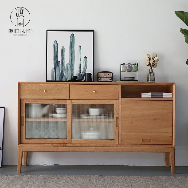 Nordic Side Cabinet Solid Wood Wine Cabinet Black Walnut Restaurant Storage Cabinet Japanese Style Small Apartment