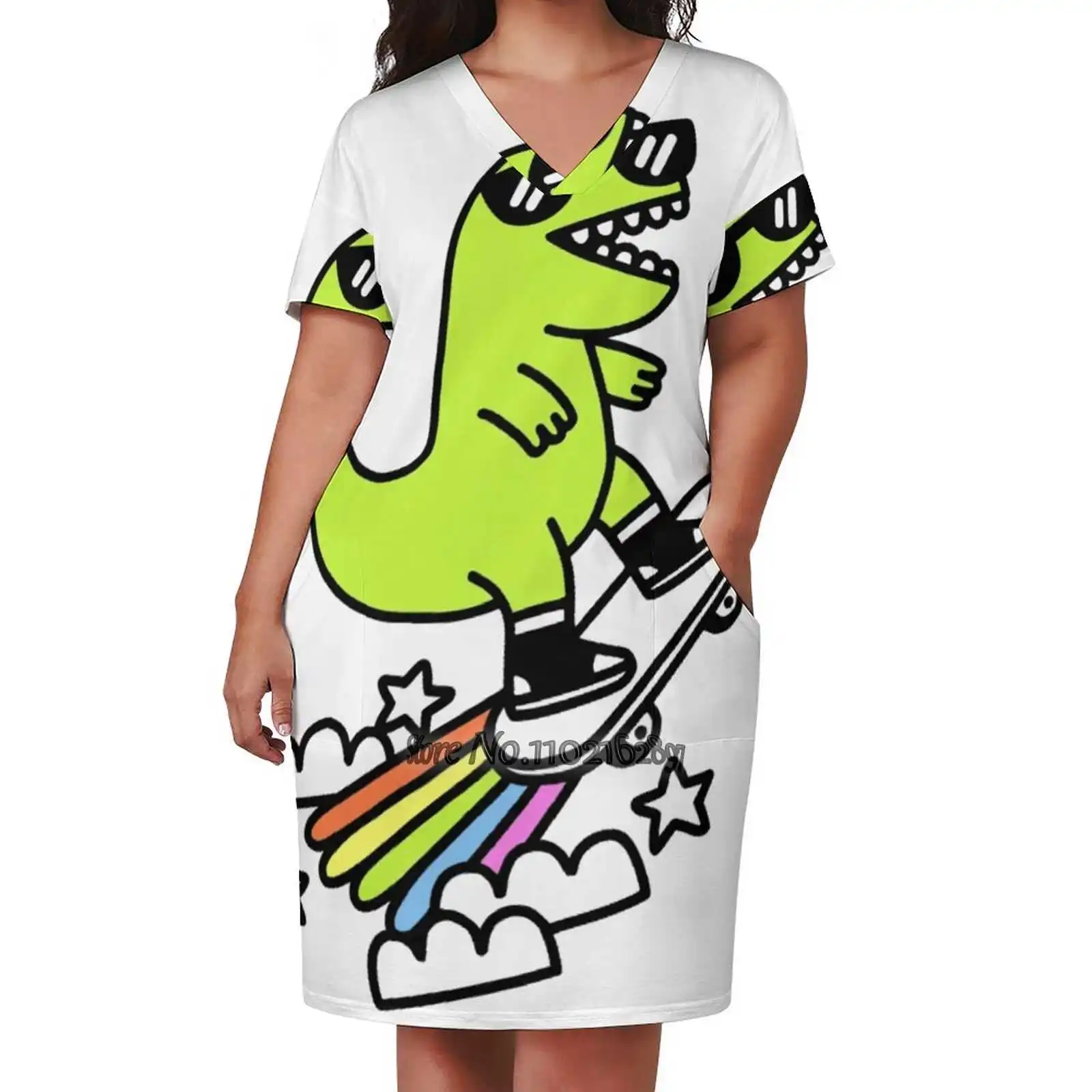 

Rad Rex V-Neck Short Sleeve Skirt Slim Skirts Loose Elegant Fashion Dress 5Xl T Rex Dinosaur Cool Radical Tyrannosaurus Rainbow