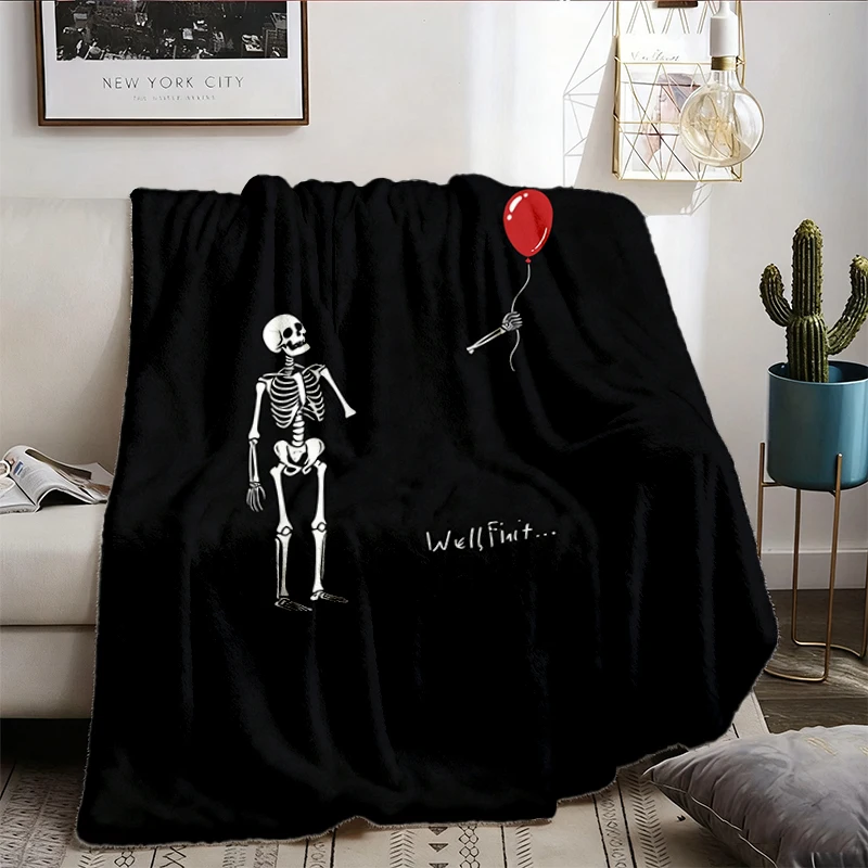 Well Shit Skeleton Balloon Cozy Blanket Halloween Dark Humor Spooky Graphic Flannel Throw