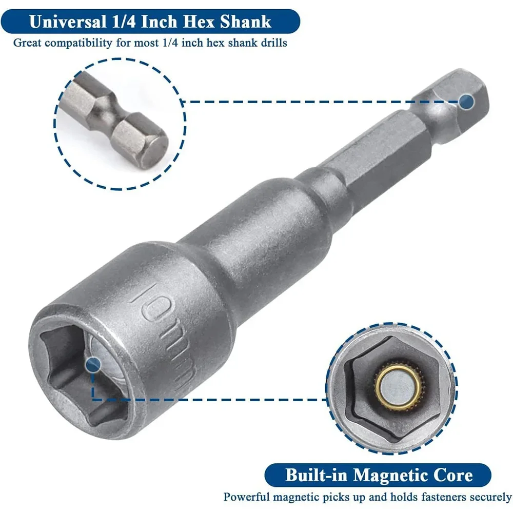 STONEGO 5/6/8/9/14Pcs Magnetic Nut Driver Set, Cr-V Steel Hex Shank Socket Wrench Drill Bit Adapter, Metric Sizes 6mm-19mm