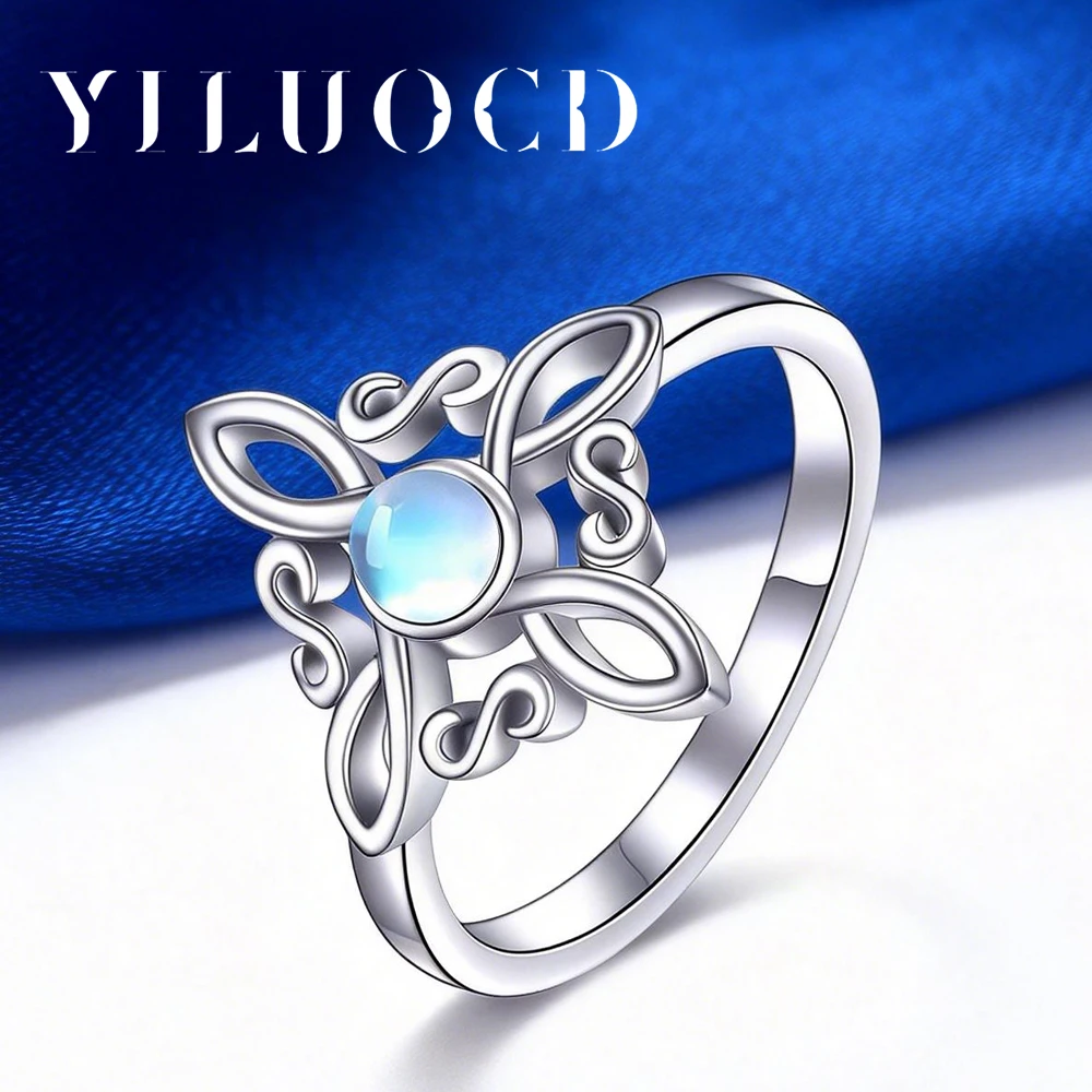 Anillos de Nudo de Bruja de Plata Tailandesa Original para Mujer, Anillo de Piedra Lunar con Cruz de Brujería, Joyería Pagana Wicca, Amuleto de Protección