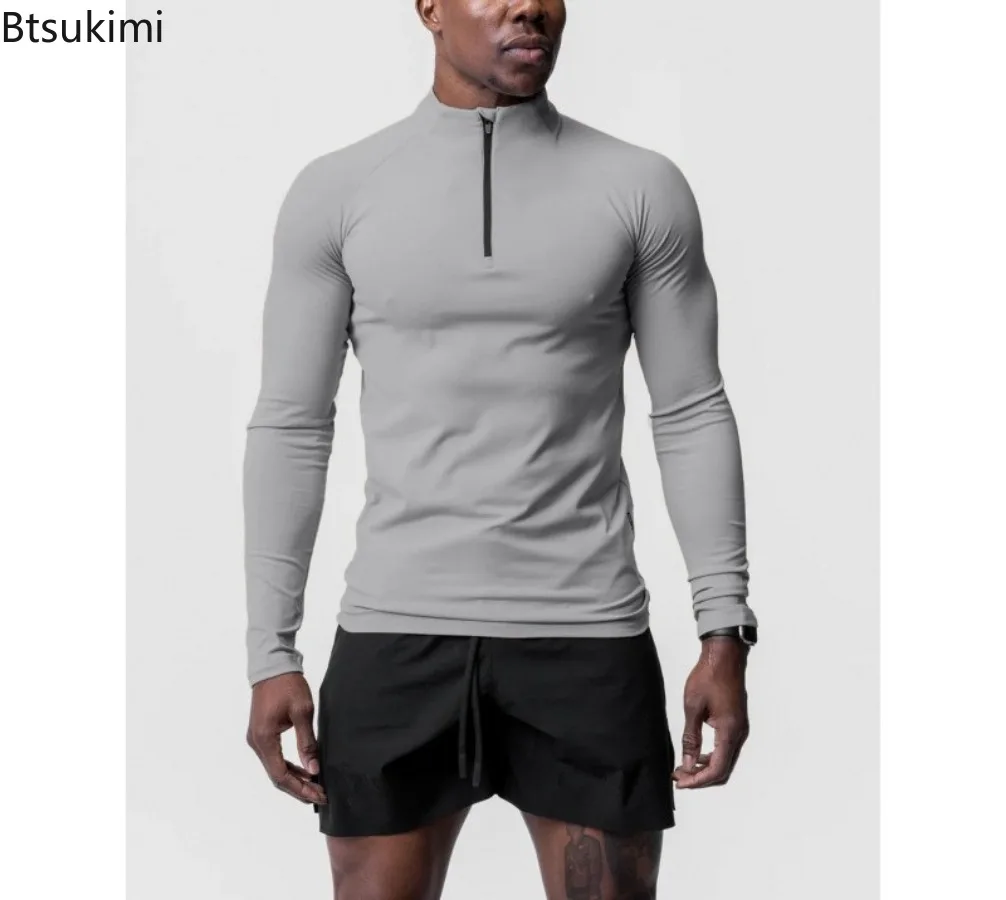 

Men Solid Sports Fitness T-shirt De Rong Long Sleeves Small High Neck Half Zipper Top Fashion Leisure Training Running Clothing