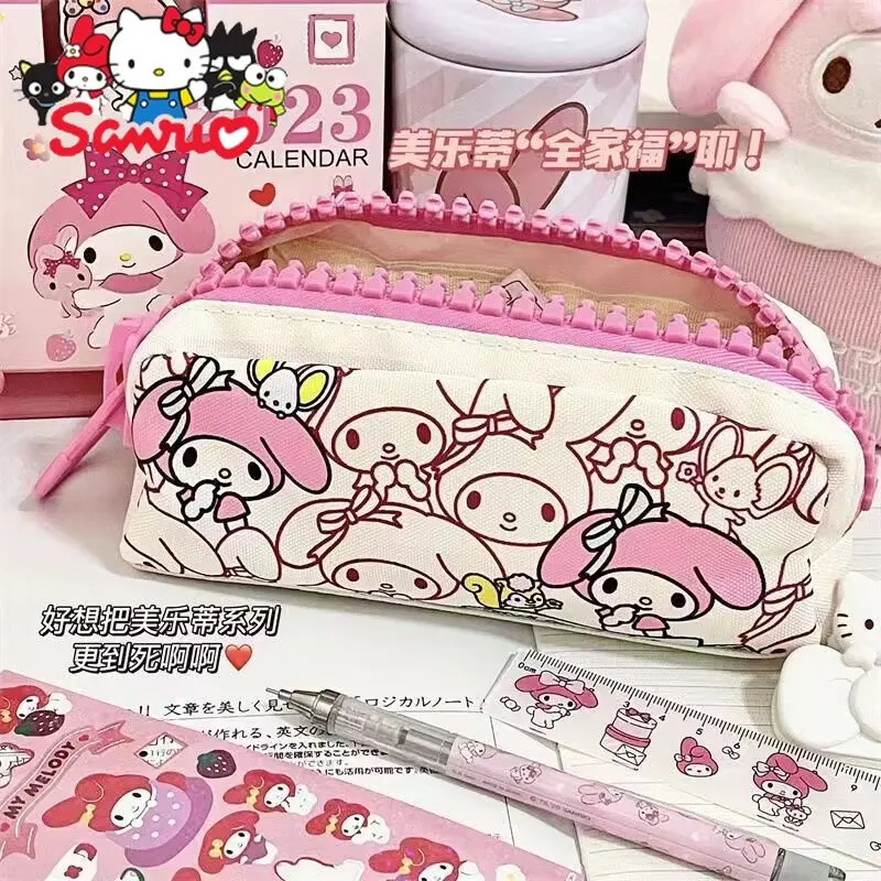 Sanrio Melody Kuromi Hello Kitty Cinnamoroll Pochacco Pen Bag Cartoon Big Zipper Male Students Pencil Stationery Box Storage Bag