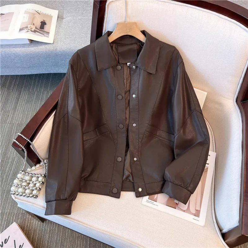 Coffee Color Black Short Faux Pu Leather Jacket Lapel Single-Breasted Long Sleeve Spring Autumn Female Biker Jacket Streetwear