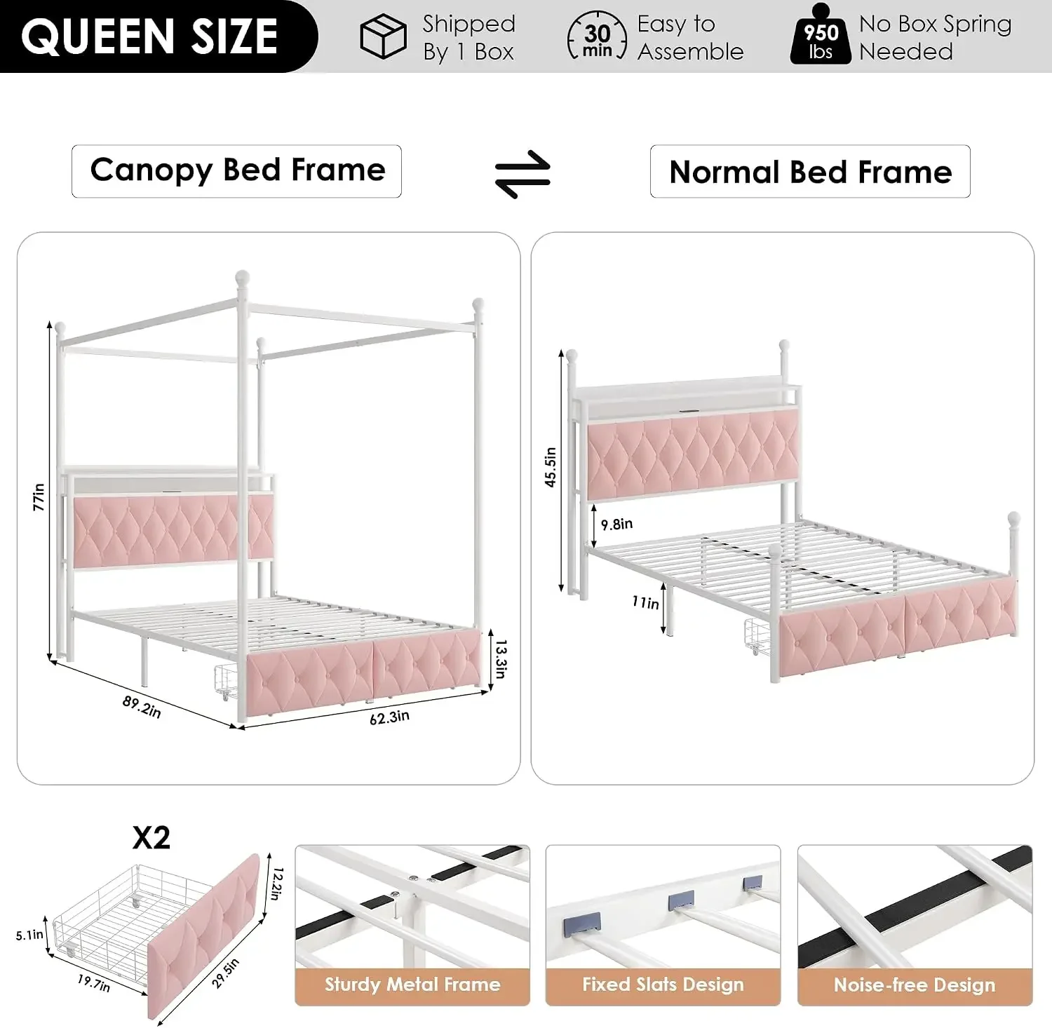 Queen Size LED Canopy Bed Frame with Storage & Charging Station, Pink | 4 Removable Posts for Two-Use, Upholstered Button Tufted