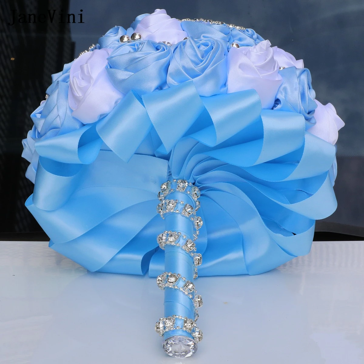 JaneVini-Bouquets nupcial com strass prata, rosas artificiais cetim, buquê de casamento, encantador luz azul fita branca flores