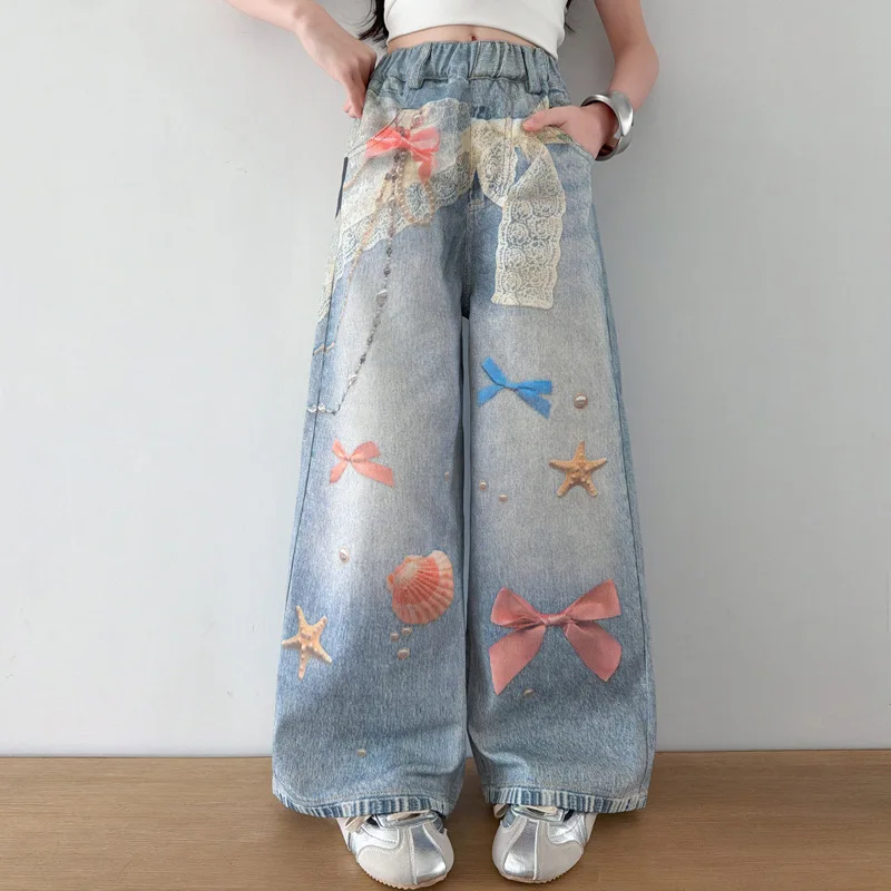 Teen Girls Bow Printed Jeans Spring Summer Fashion 4-14 junior Kids Dopamine Ocean Wide Leg Denim Pants Child Trousers Clothes