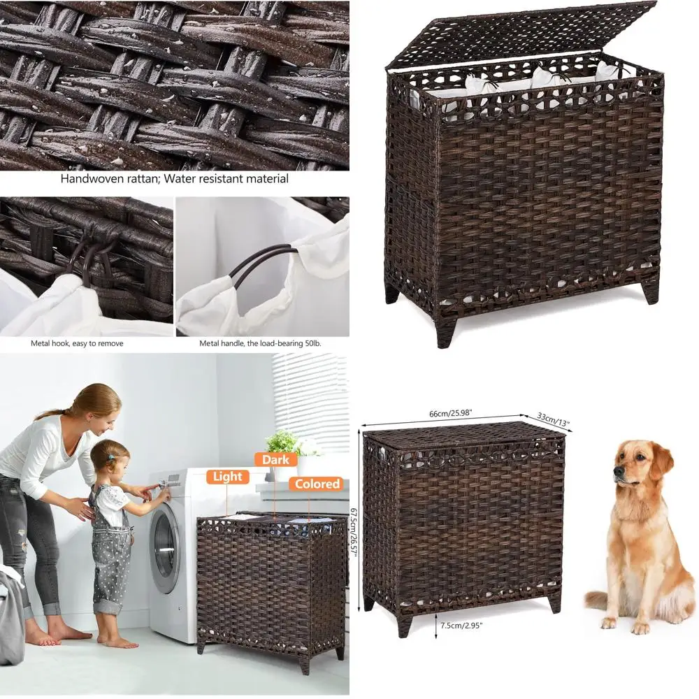 

3-Bag Removable Liner Laundry Hamper, 132L Rattan Basket with Lid and Elevated Feet, Side Handled Clothes Hamper, 3-Section Laun