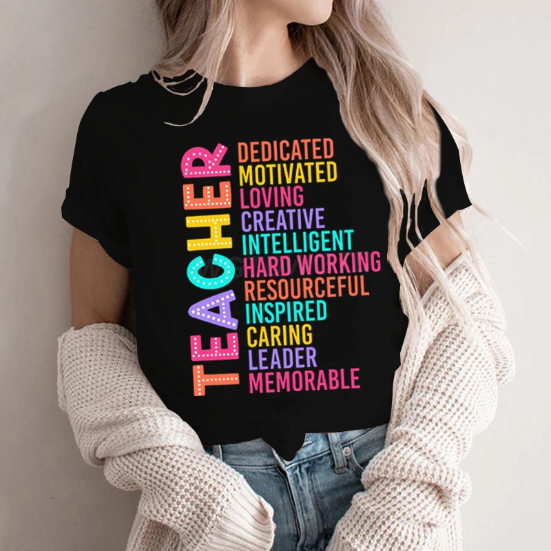 Colorful Teacher Acronym T-Shirt Teacher Life Print Classic Tops Motivational Tee for Educators Teachers Men's Women's Clothing