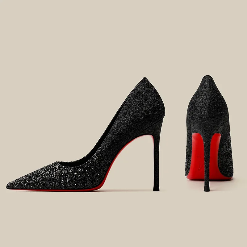 

2025 New Spring and Autumn Black Glitter High Heels Women's Fine Heels Sexy Banquet Pointed Style Single Shoes