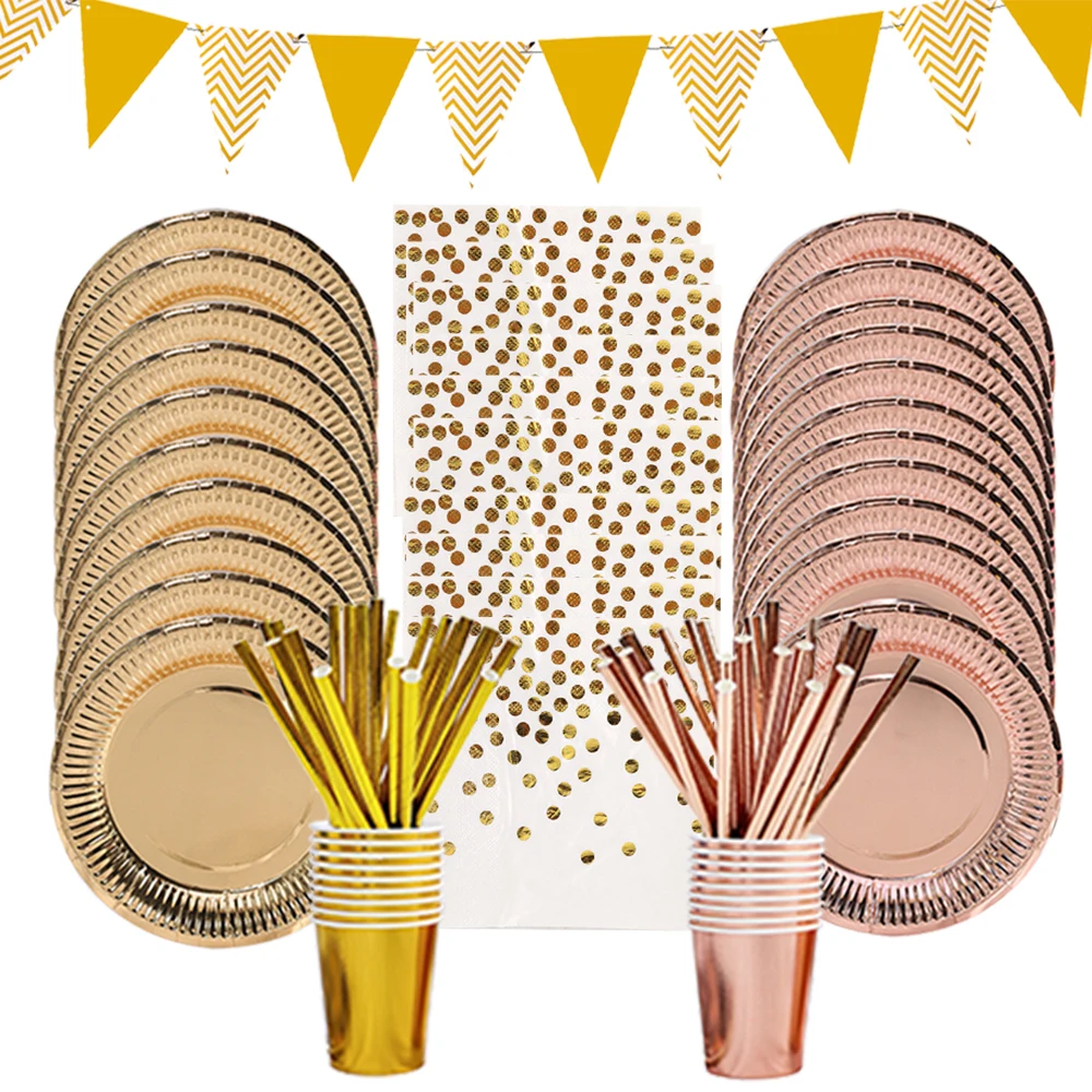 Gold Disposable Tableware Set Rose Gold Paper Plates Cups Napkins Banner Wedding Birthday Party Decoration Supplies