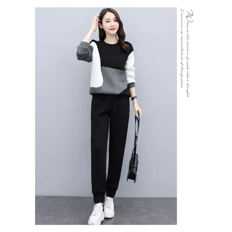 

Темперамент, уменьшающий возраст, контрастный цвет, повседневный спортивный женский костюм 2025, новый модный универсальный костюм-двойка