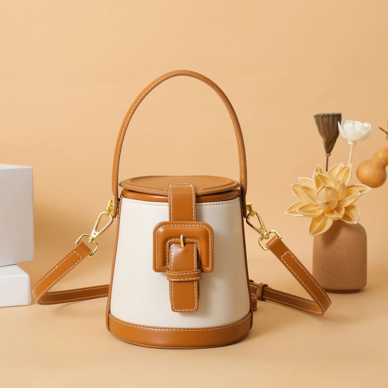 New Fashion Design Box Shape Cross Body Bag Female Short Handle Bag Cowhide Leather Women Small Shoulder Bag Bucket Bag