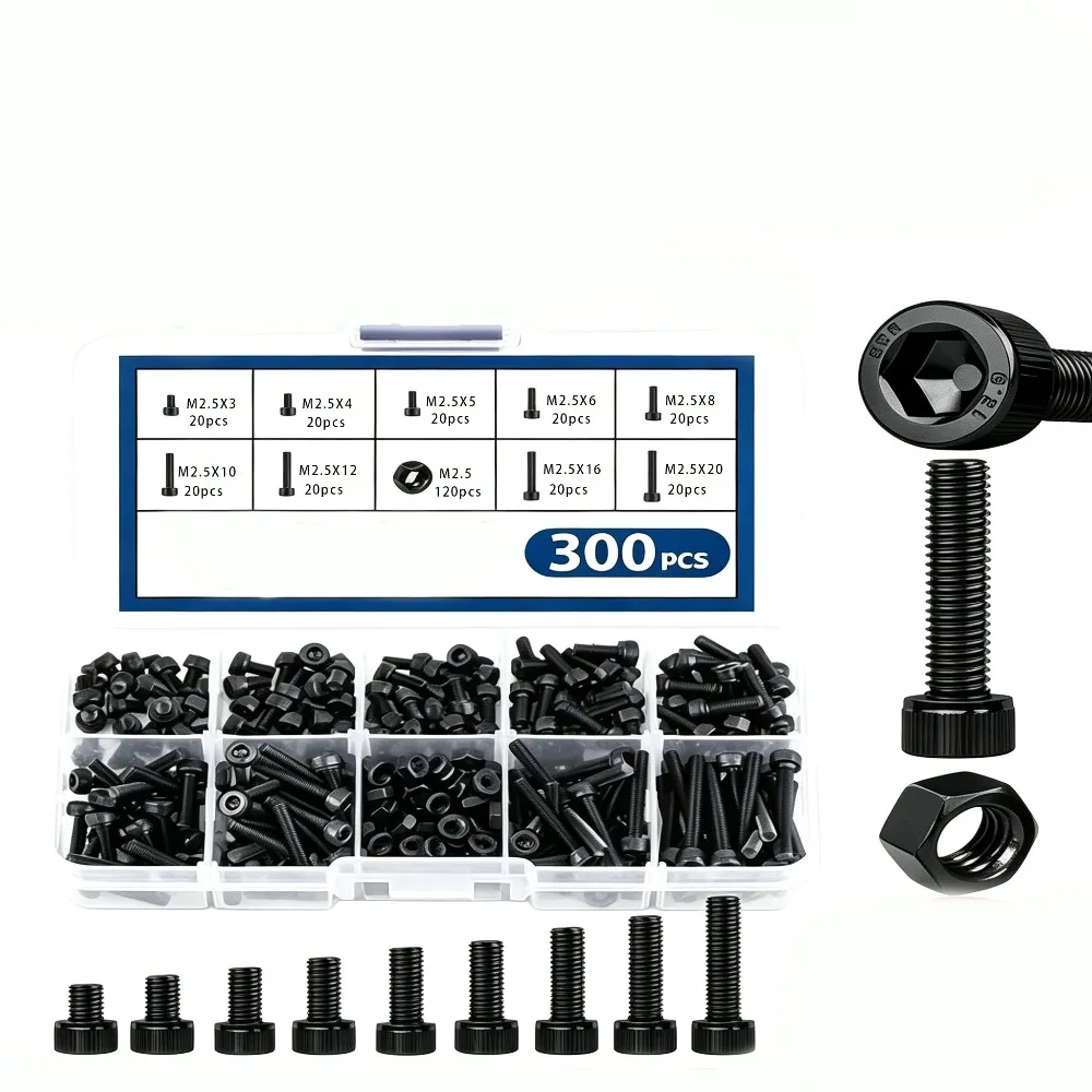 300Pcs Boxed M2.5 Black 12.9 Carbon Steel Hex Socket Cylindrical Head Bolts Nuts Kit Hardware for Equipment Installation