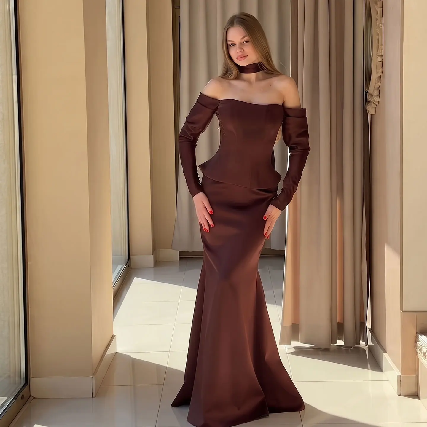 Remote Moon Elegant Off Shoulder Long Sleeve Evening Dress Satin Two Piece Mermaid Arabic Wedding Guest Prom Gown MN662 Custom