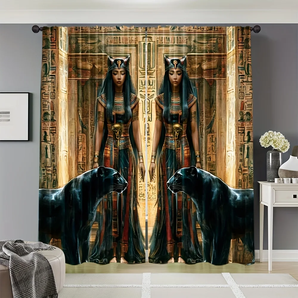 2 Panels Egyptian Goddess Printed Curtains Black Panther Hieroglyph Polyester Living Room Bedroom Window Drapes Home Decor