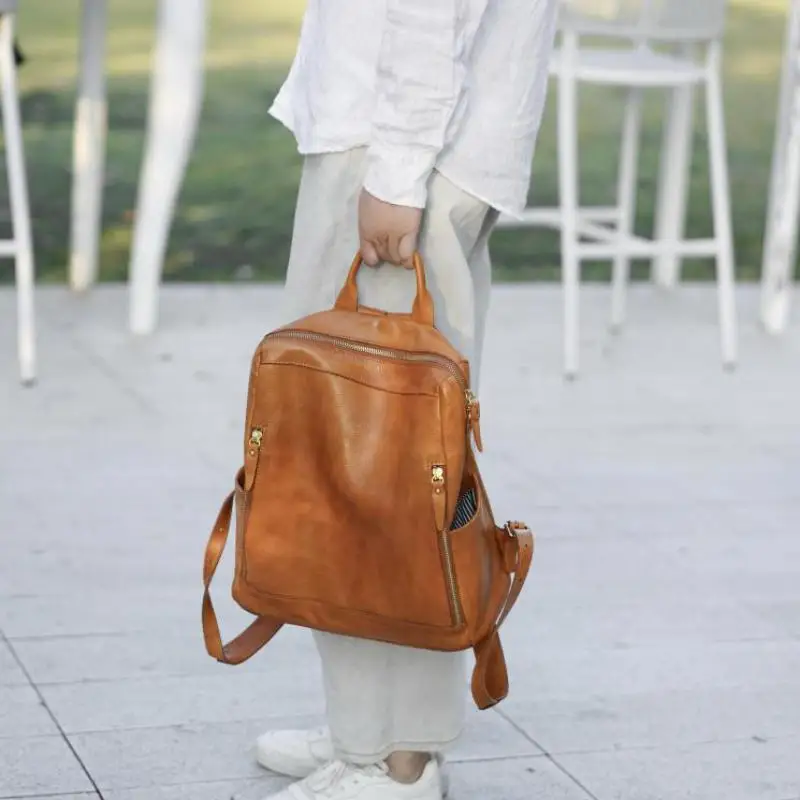 

Simple designers handmade genuine leather women's backpacks casual fashion first layer cowhide ladies sports travel bookbag