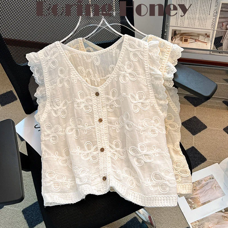 

Boring Honey Korean Version Of Retro Design Sleeveless V-Neck Sweater Vest Women's Summer New Crocheted Single-Breasted Slim Top