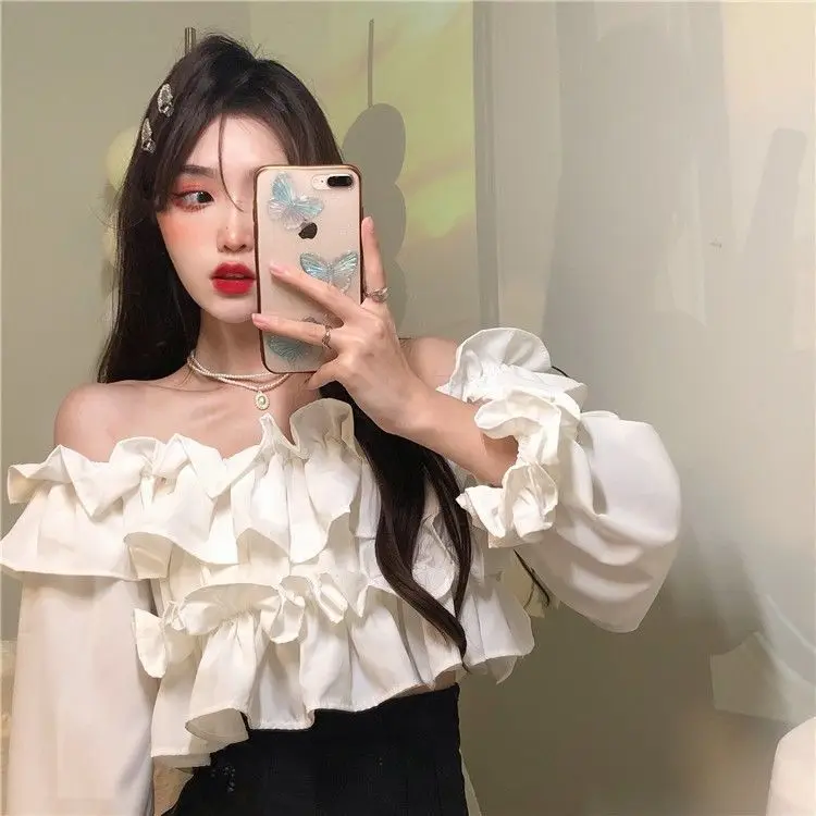 Iyundo Y2k Luxury Elegant Woman Off-the-shoulder Blouse Ruffle Trim Crop Top Sweetheart Neckline Loose Casual Shirt