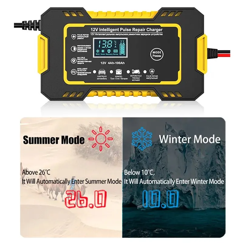 Car Battery Charger 6A 12V Car And Motorcycle Battery Charging Equipment Lead Acid Battery Intelligent Maintenance LCD Display
