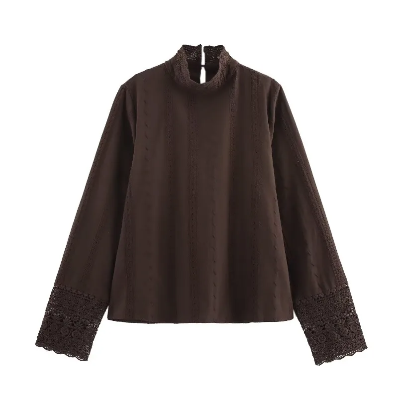 

Spring Summer Women Cotton Lace High Neck Blouse Long Sleeve Embroidery Detail Crochet Cuff Button Decor Shirt