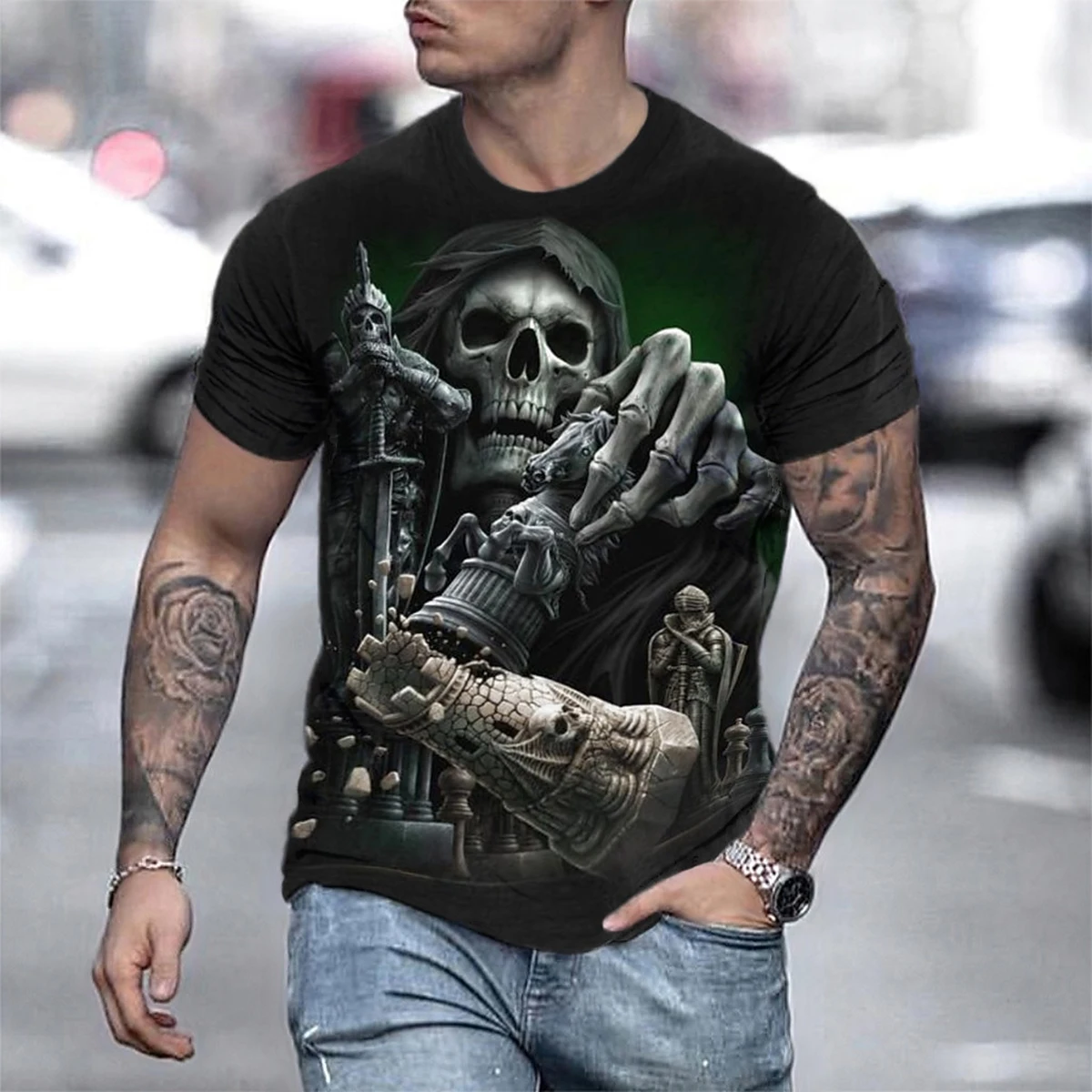 Family Matching T‑Shirt Multi‑Skull Mosaic Print Parent‑Child Short Sleeve Tops Gothic Casual Streetwear O‑Neck Tees