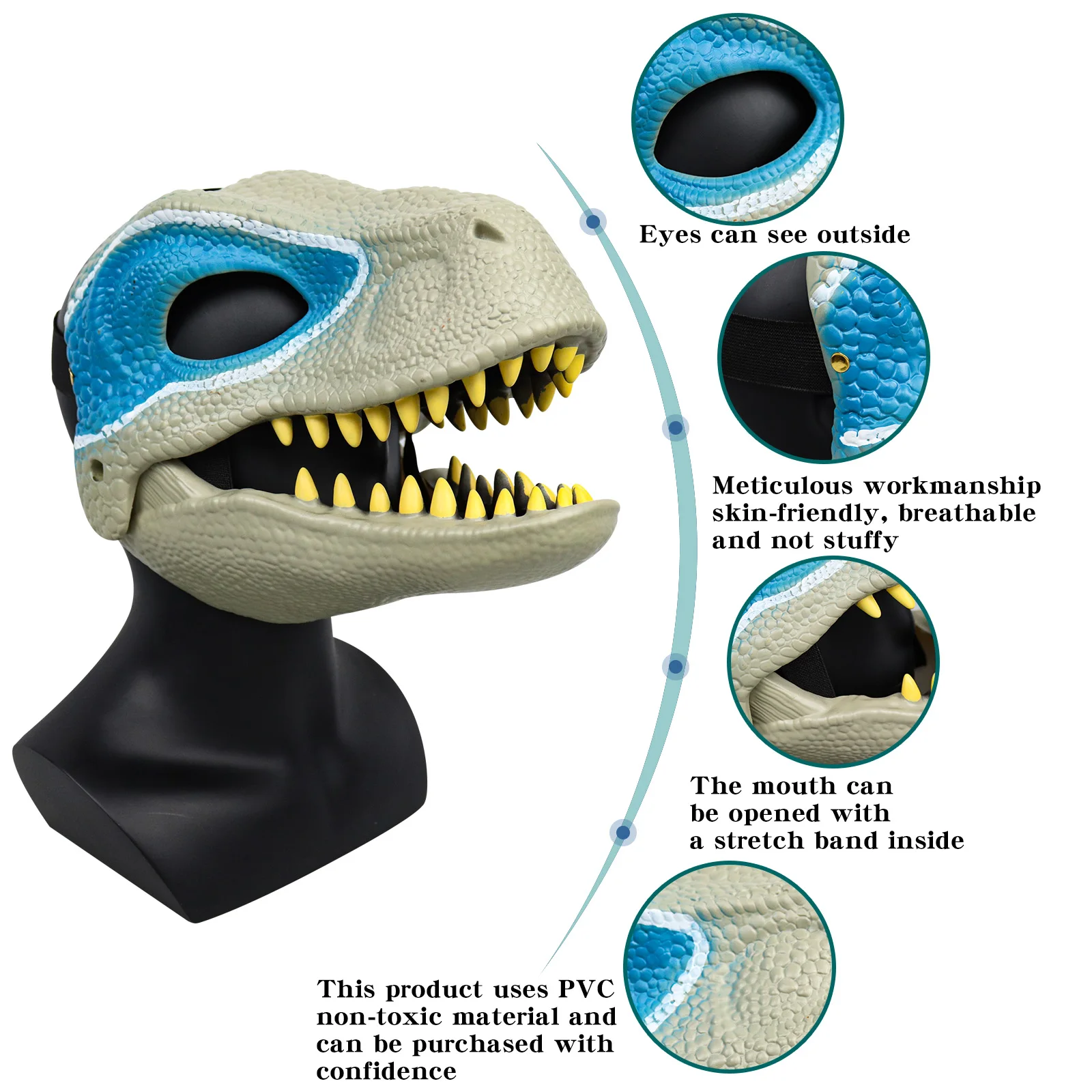 3D Dinosaur Mask Lifelike Raptor Dino Moving Jaw Mask High Quality PVC Headwear Halloween Children Toy Carnival Gift Grey blue