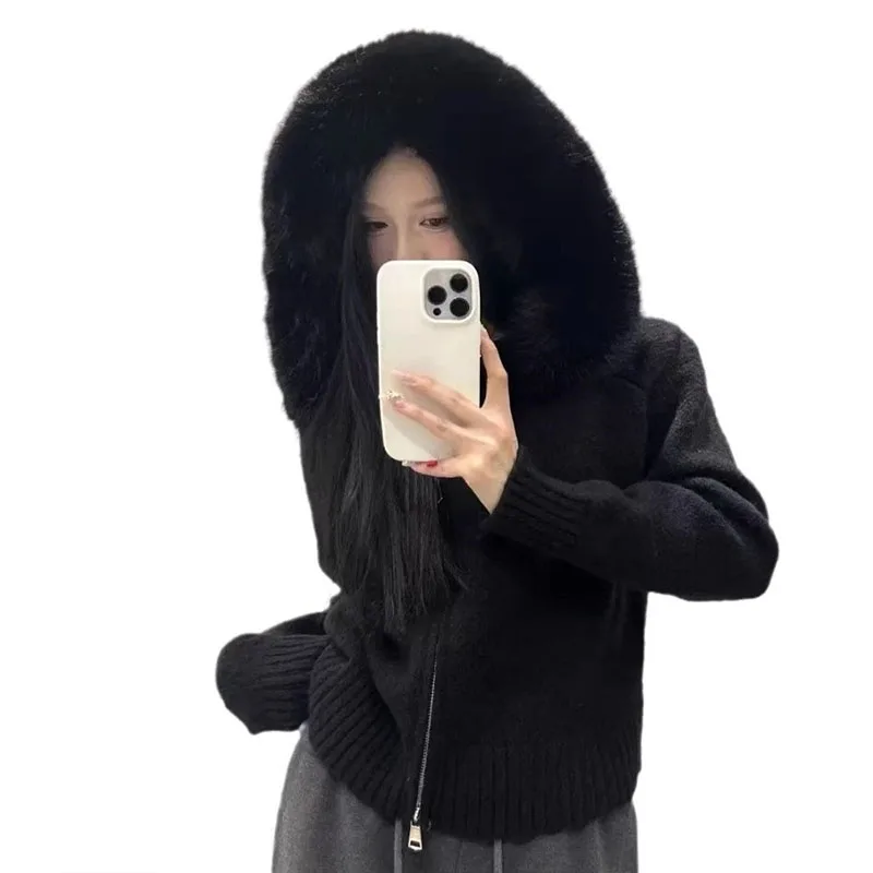 Korean Autumn and Winter Knitted Cardigan Women's Loose Casual Versatile Long Sleeved Fur Collar Hooded Sweater Jacket Women