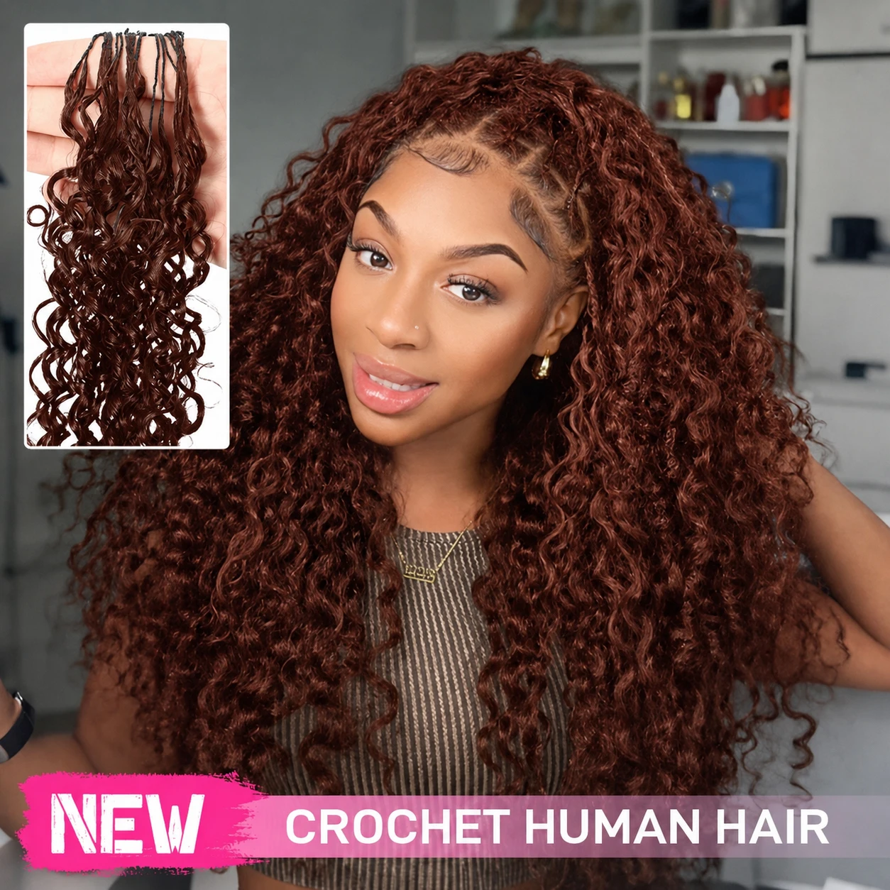 Extensions de cheveux humains bouclés style bohème, brun rougeâtre, type plume birmane, pour tressage, pré-séparées, sans nœuds, avec technique Miracle Knots