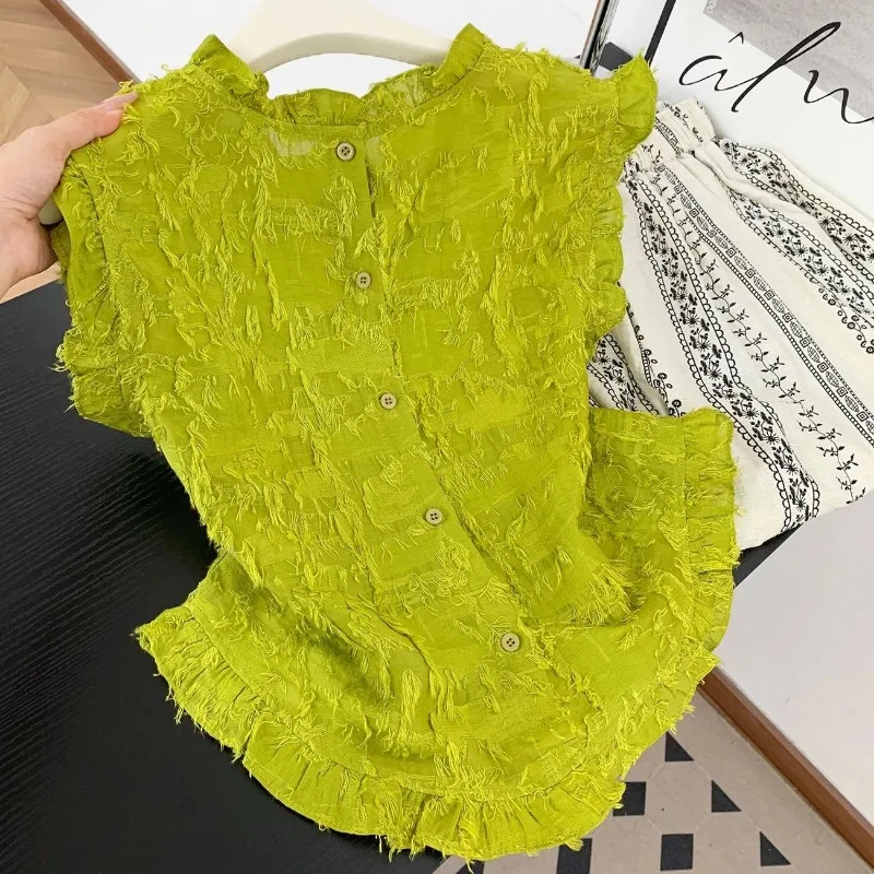 Women's Summer Textured Fringe Sleeveless Blouse Casual Button Down Ruffle Trim Top