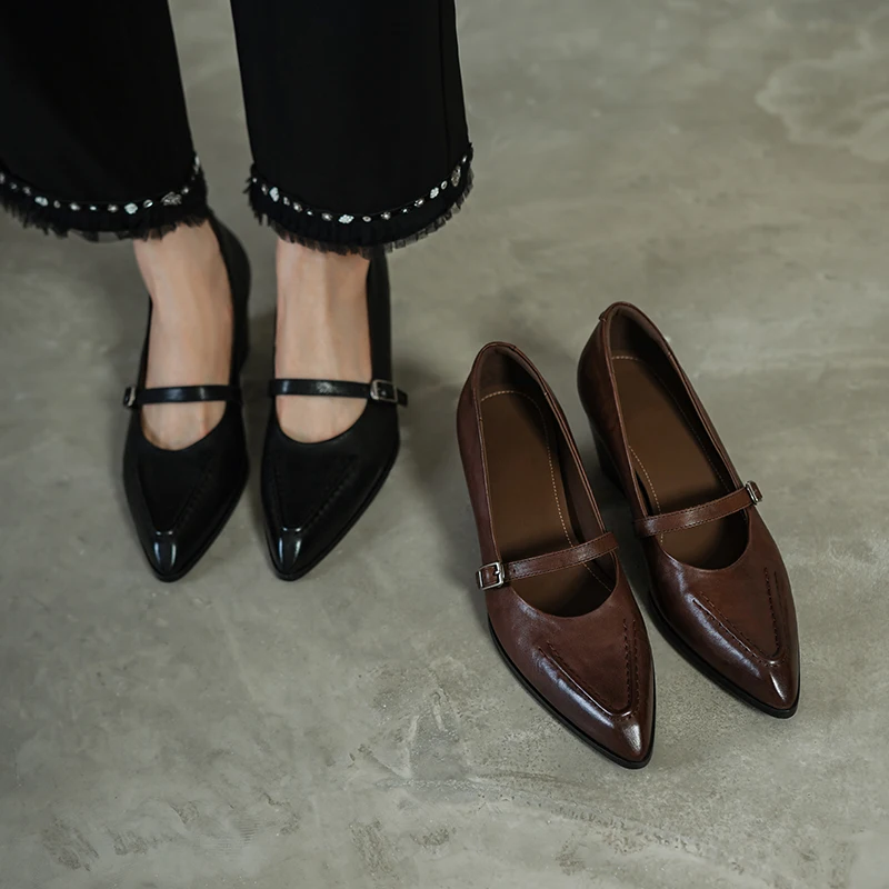 2026 new spring autumn women pumps natural leather 22-25 cm washed cowhide+sheepskin pointed toe buckle high heel women shoes