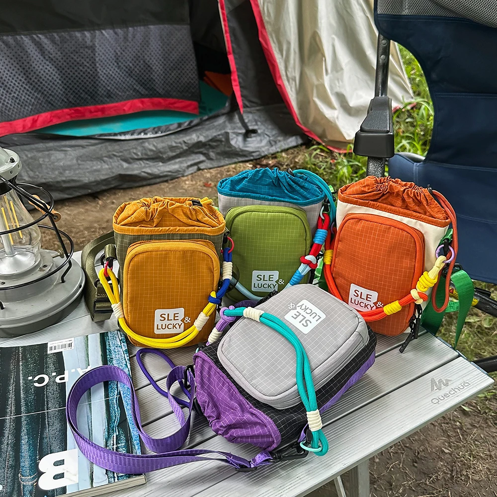 Kids Crossbody Bag Outdoor Portable Boys Sports Bag Waterproof Girls Hiking Bag Color Blocking Children Drawstring Square Bag