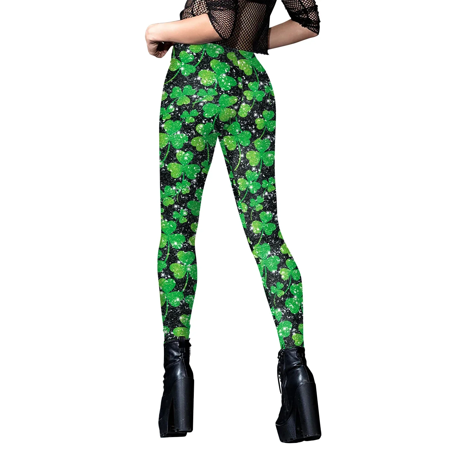 Dameslegging Hoge taille Skinny push-up legging Elastische klaver Klaverprint Ierse festivalbroek Broek