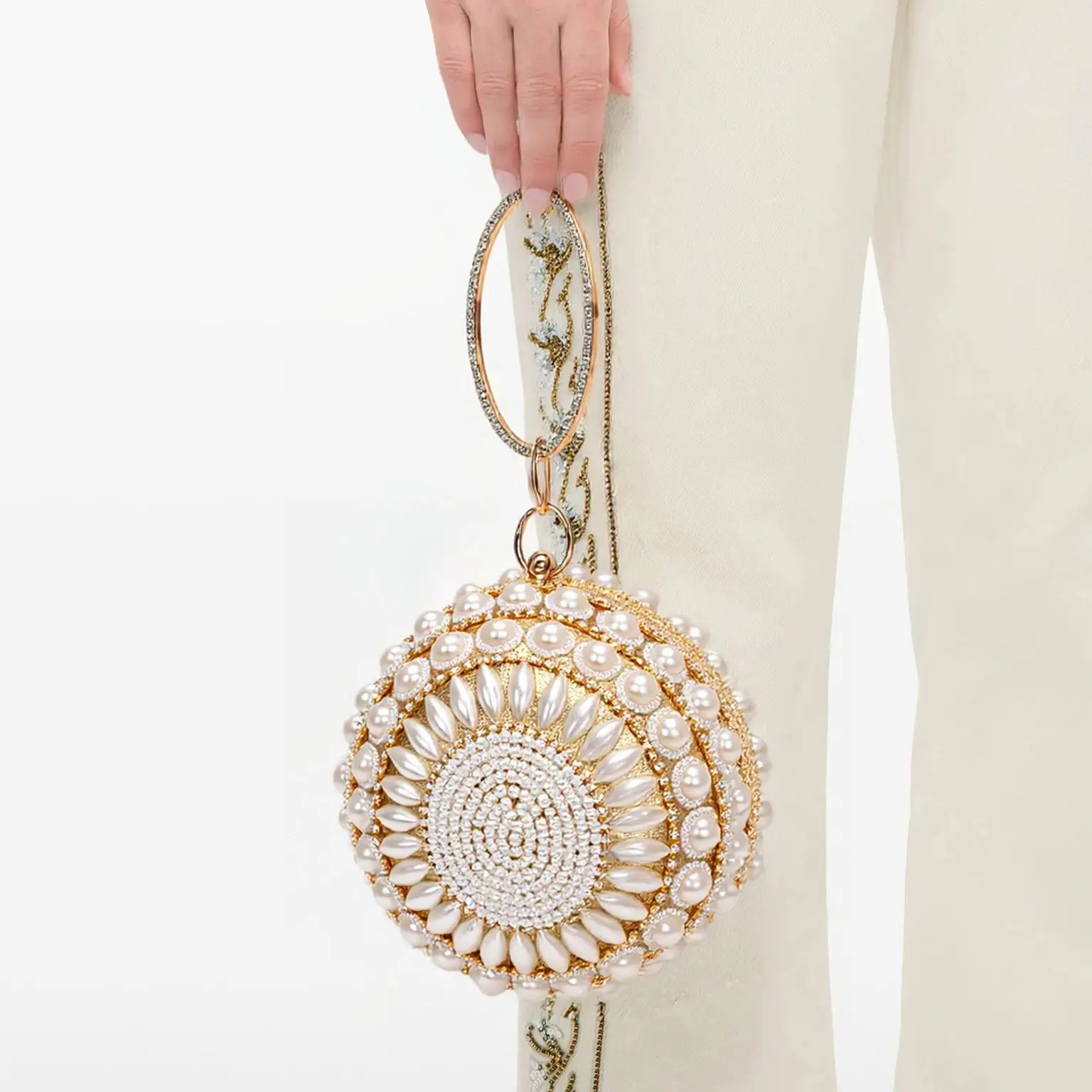 

Beaded Diamonds Women Day Clutches Rhinestones Pearl Evening Bag Circular Shaped Chain Shoulder Handbags For Party Purse