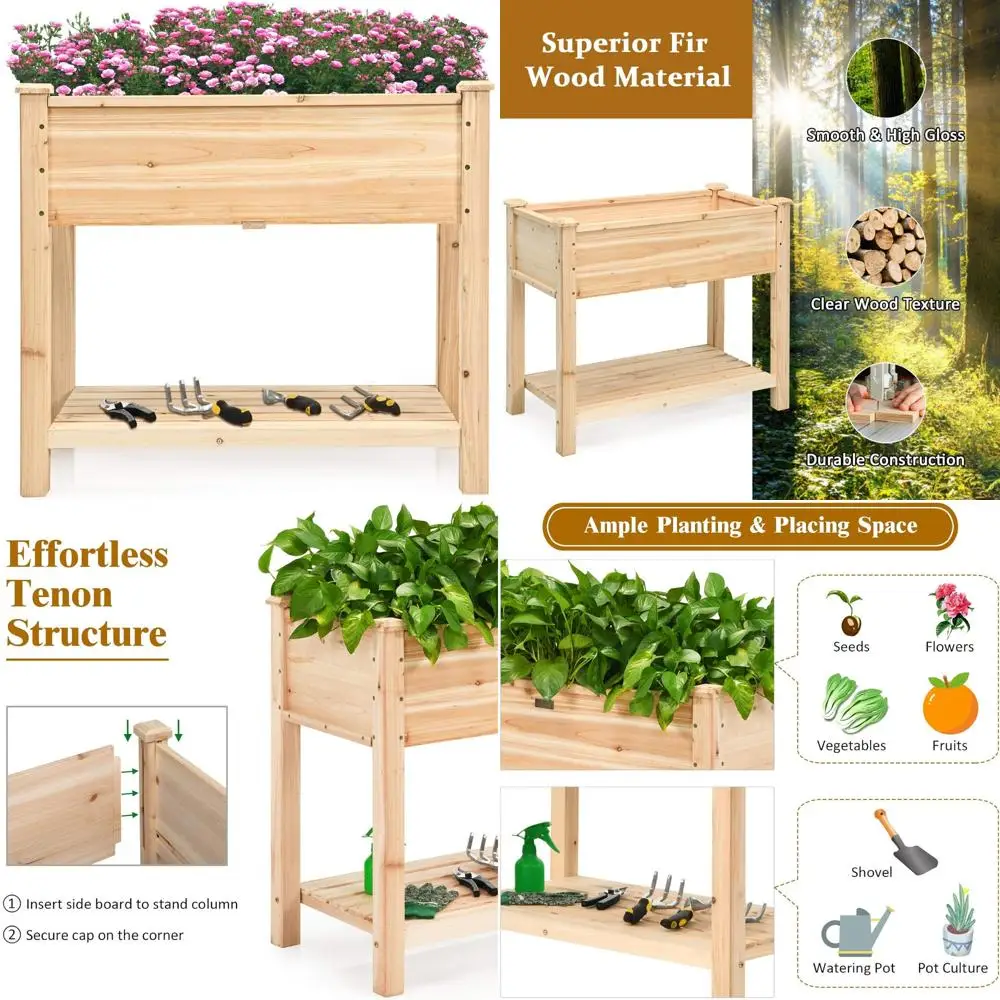 

Elevated Cedar Wood Garden Bed with Storage Shelf, Outdoor Planter Box for Vegetables and Flowers
