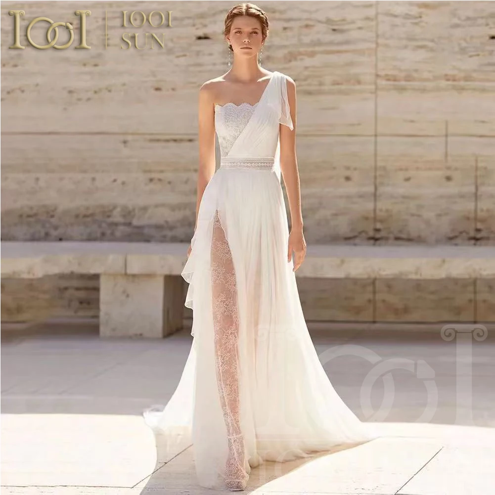 

IOOISUN Boat Neck One Shoulder Wedding Dress Boho Chiffon Lace Bride Beach Marriage Summer Bohemia Bridal Gowns Customized