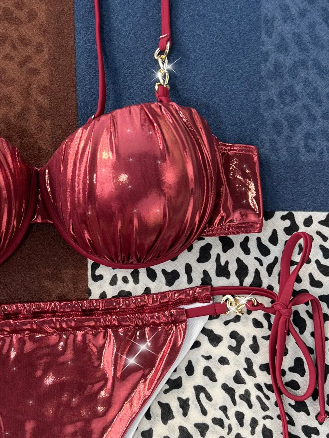 Wine Red Shiny Swimsuit 2025 Women 2-piece Glossy Bikini Sexy Pleated Thong Underwire Push Up Swimwear Suspender Bathing Suit